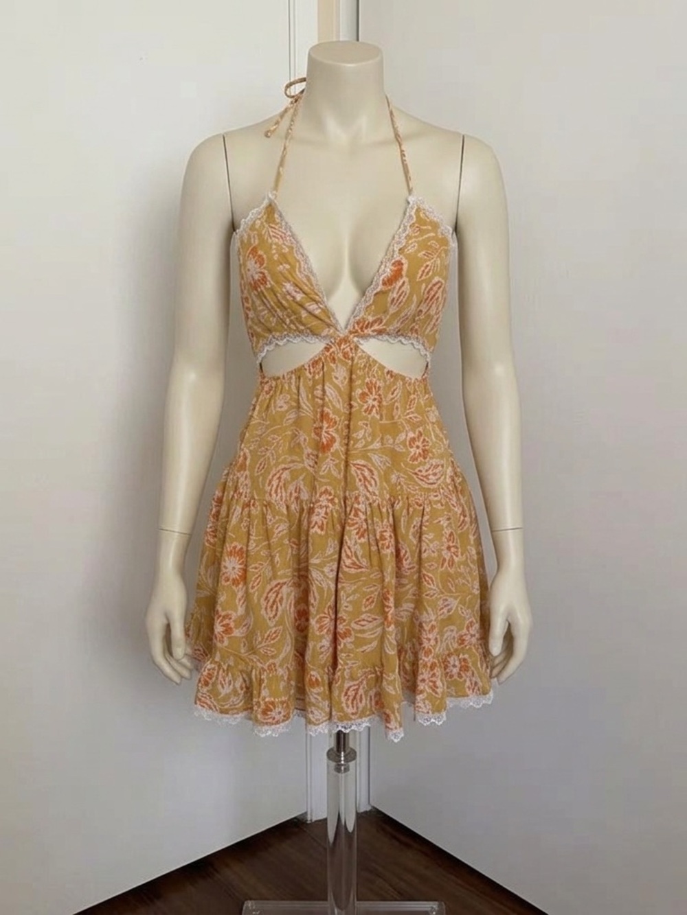 Sky to Moon Yellow Boho Floral Cutout Halter Mini Dress - Size M